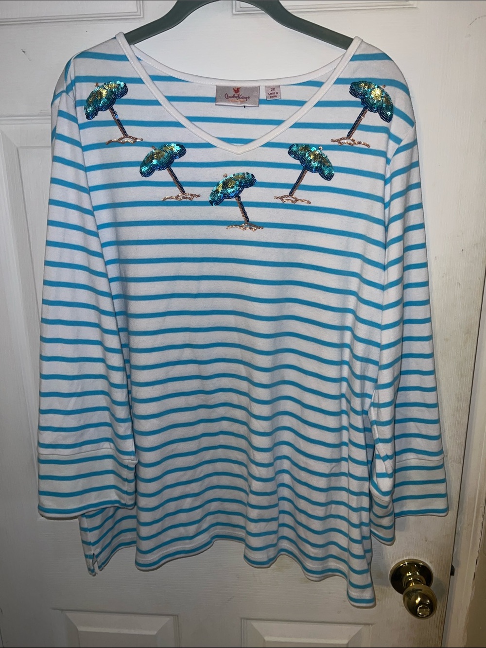 Quacker Factory Beach Umbrella Striped Blouse 2X